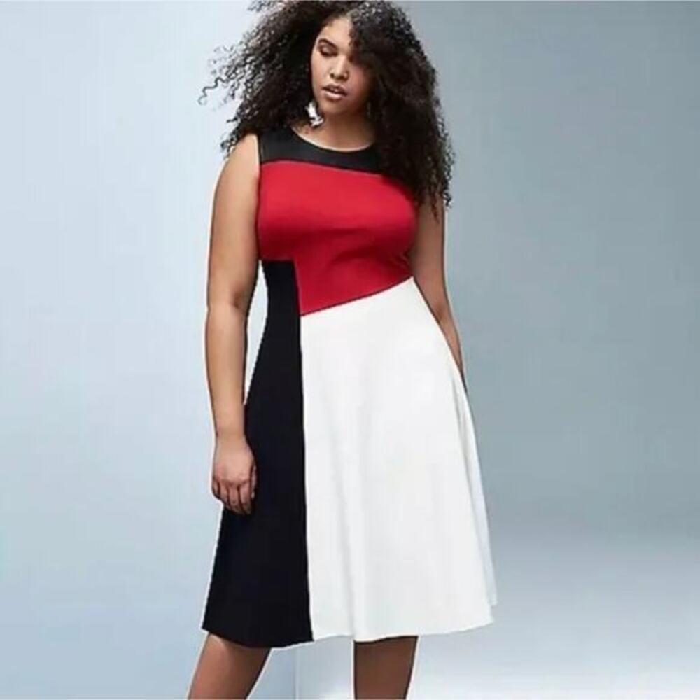 Prabal Gurung for Lane Bryant Colorblock Faux Leather Trim Dress Red White Black